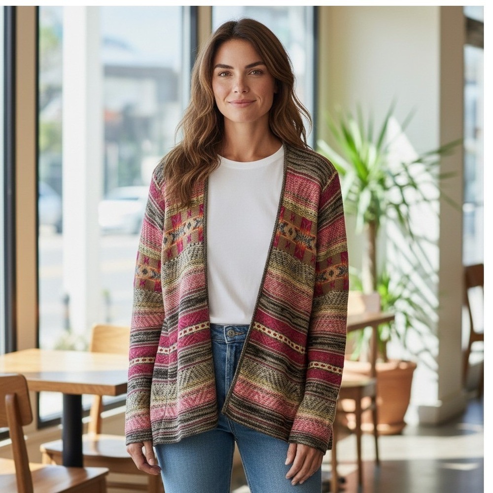 Chaps Denim Cardigan Sweater Women's‎ Medium Geometric Stripe Open Front